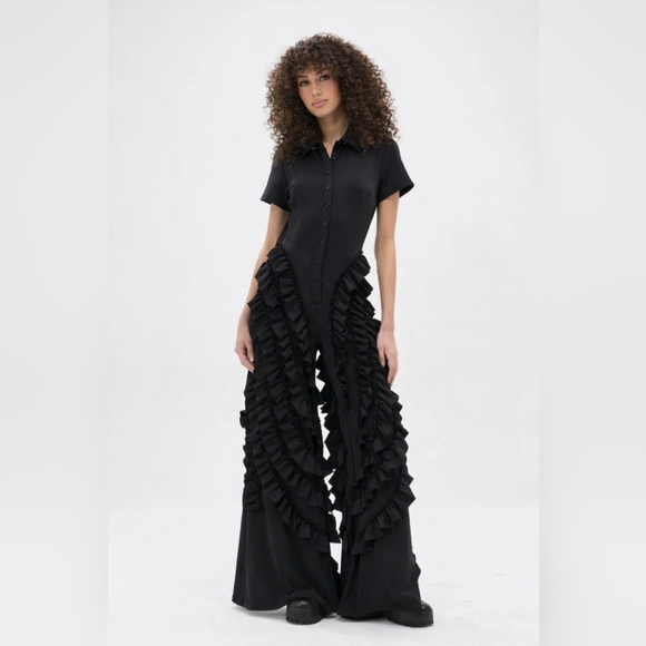 Statement Black Ruffled Wide-Leg Jumpsuit Women's Size M Party - Picture 3 of 6